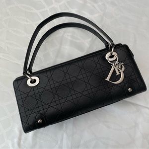 CHRISTIAN DIOR Lady Dior Cannage Hand Bag Leather Black Silver